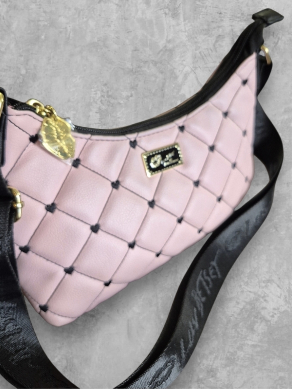 Luv Betsey Lola Crossbody By Betsey Johnson Pink Quilted With Black Hearts - Picture 4 of 10